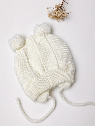Newborn Double Pom Pom Knit Beanie - Cream