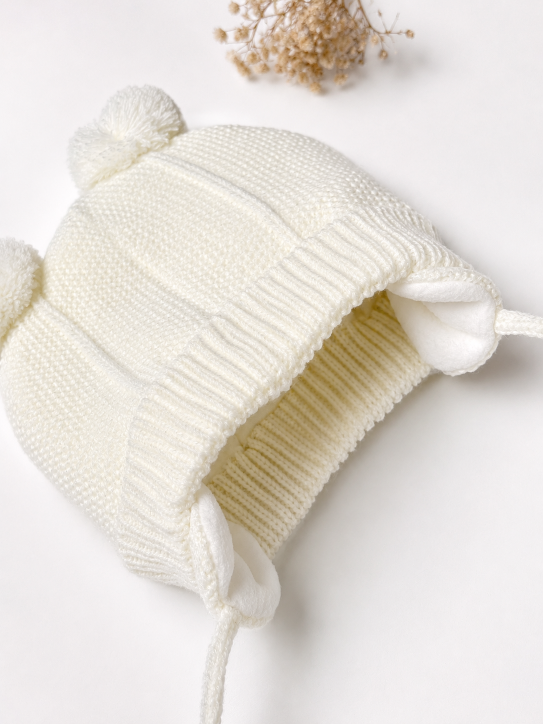 Newborn Double Pom Pom Knit Beanie - Cream