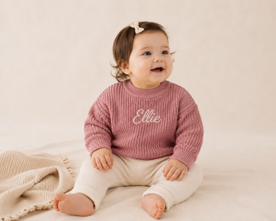 PRE-ORDER Personalised Knit Baby Sweater | 100% Cotton | Dusty Pink