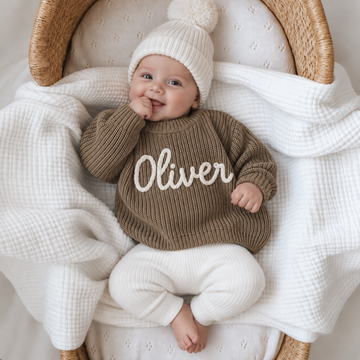 Personalised Baby Sweater with Hand-Embroidered Name - Mocha Brown
