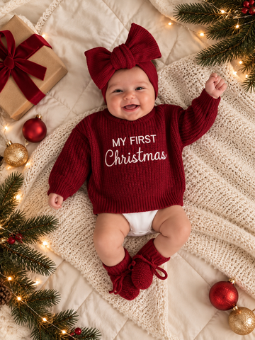 My First Christmas 100% Cotton Knit Sweater - Cherry