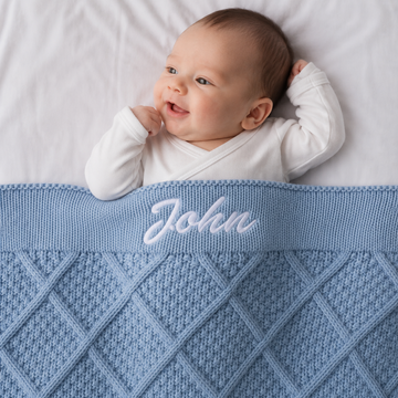 Personalised Light Blue Diamond Knitted Blanket