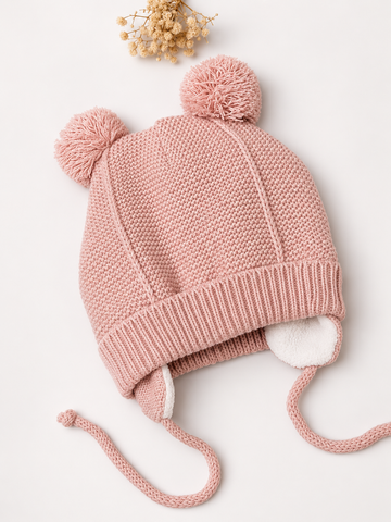 Newborn Double Pom Pom Knit Beanie - Dusty Pink