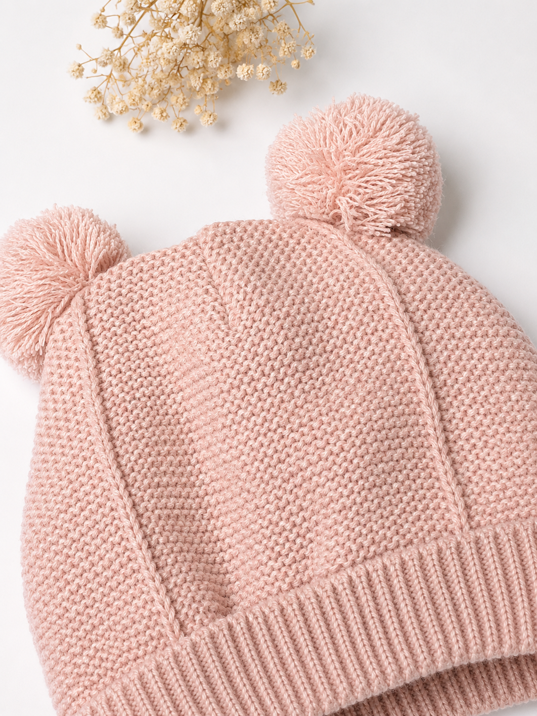 Newborn Double Pom Pom Knit Beanie - Dusty Pink