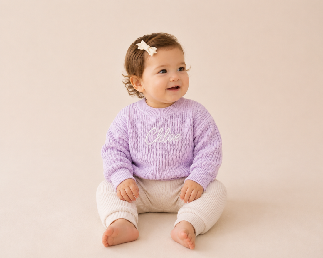 PRE-ORDER Personalised Knit Baby Sweater | 100% Cotton | Light Lilac