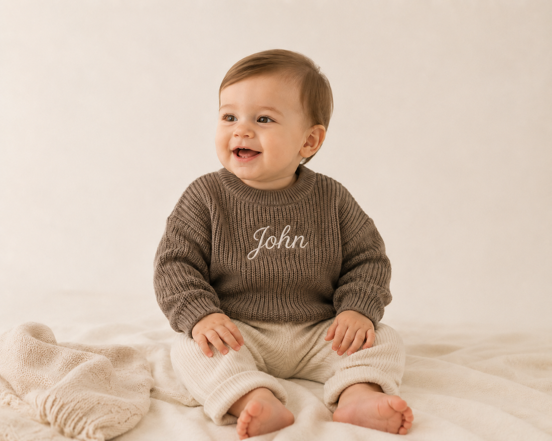 PRE-ORDER Personalised Knit Baby Sweater | 100% Cotton | Brown