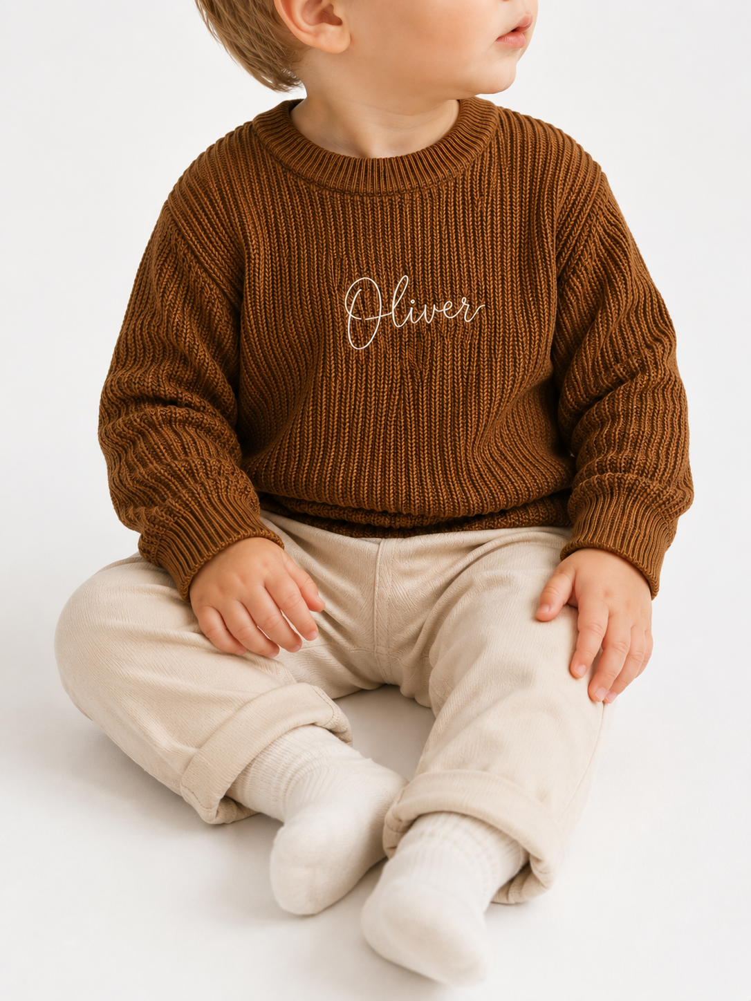 Personalised Knit Baby Sweater | 100% Cotton | Brown