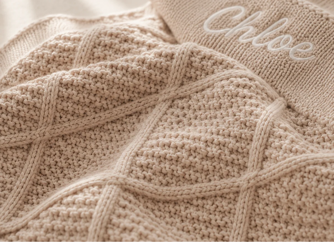 Personalised Oat Diamond Blanket & Newborn Beanie Bundle