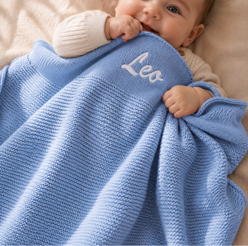 Personalised Blue Baby Blanket Knitted