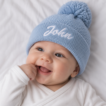 Personalised Light Blue Newborn Knitted Beanie