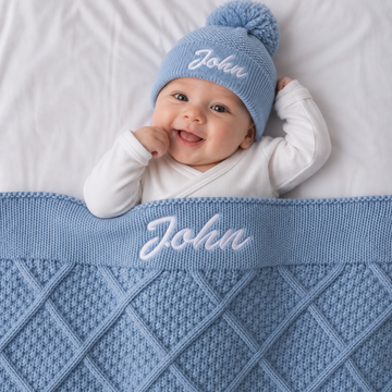 Personalised Light Blue Diamond Blanket & Newborn Beanie Bundle