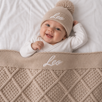 Personalised Oat Diamond Blanket & Newborn Beanie Bundle