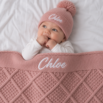 Personalised Dusty Pink Diamond Blanket & Newborn Beanie Bundle