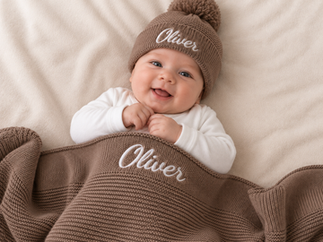 Personalised Brown Mocha Blanket & Newborn Beanie Bundle