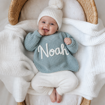 Personalised Baby Sweater with Hand-Embroidered Name - Blue