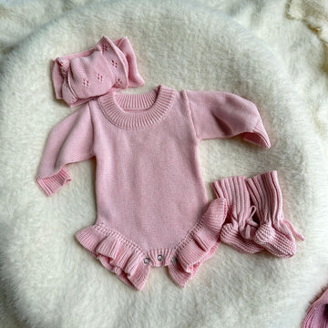 Personalised Knitted Ruffle Romper Bundle – Rose Cream