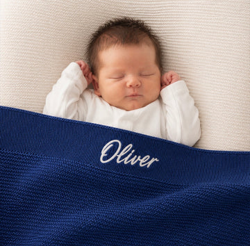 Personalised Navy Baby Blanket Knitted