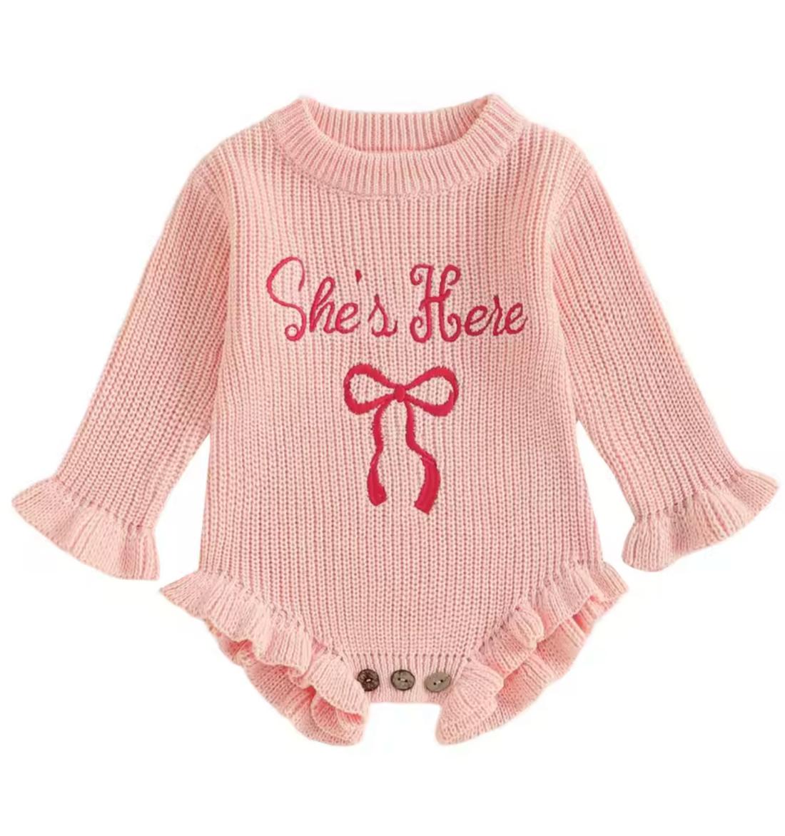 “She’s Here” Knit Baby Girl Romper – Embroidered Bow