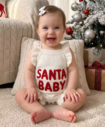Santa Baby Christmas Knit Romper – Sleeveless Ruffle Bodysuit
